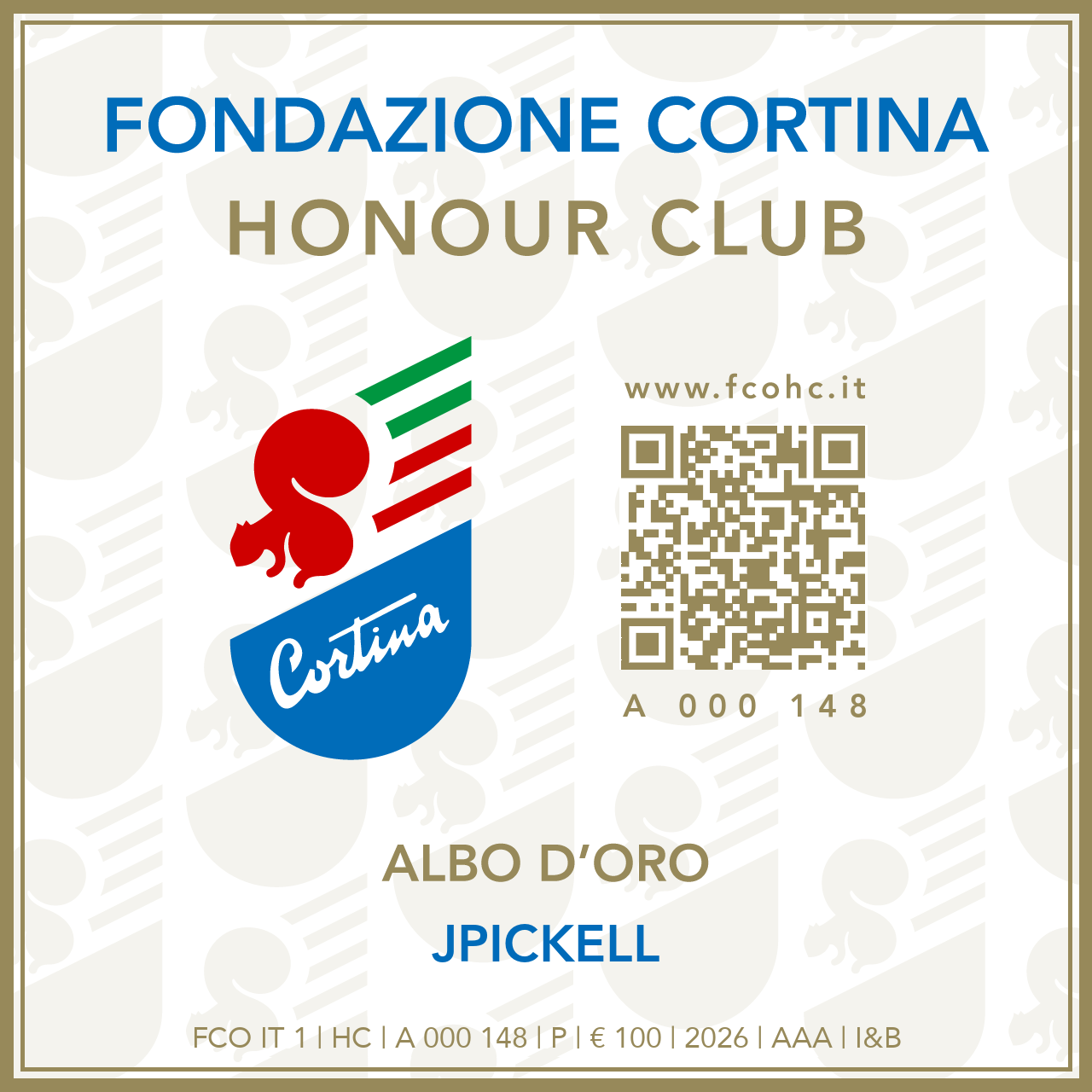 Fondazione Cortina Honour Club - Token Id A 000 148 - JPICKELL
