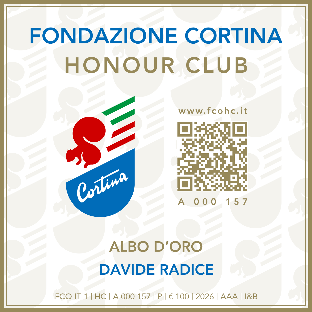 Fondazione Cortina Honour Club - Token Id A 000 157 - DAVIDE RADICE